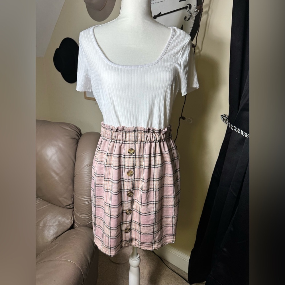 Ultra Flirt brand Plaid Button-Front Skirt in Pink with attached top dress